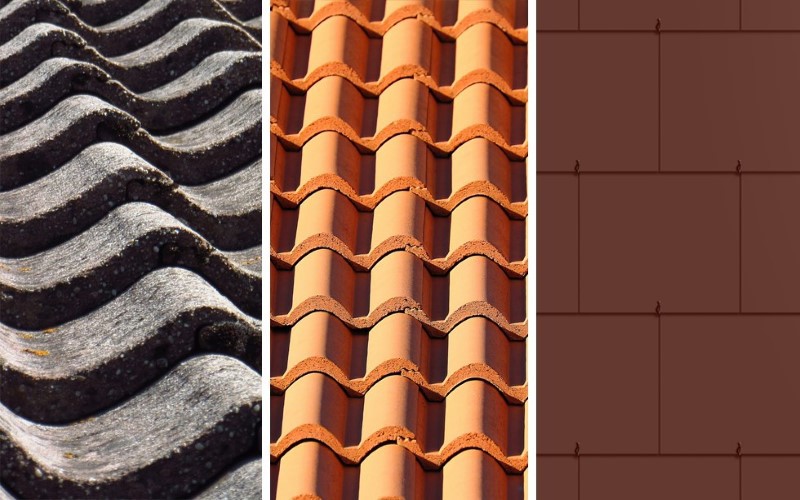 on the left grey slates in the middle orange terracotta slates on the right brown fibre cement slates