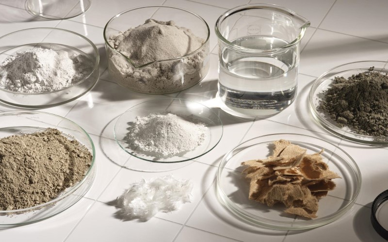 clear bowls full of sand and brown colour  cement sand mixtures put on white tiles