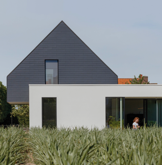 Moderne woning met aanbouw waarvan dak en gevel in grijze Cedral leien zijn bekleed