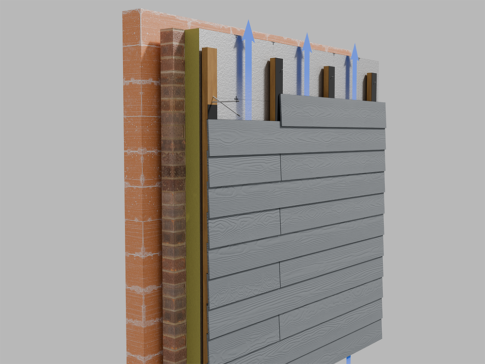 Façade ventilée avec isolation rigide et lames de façade