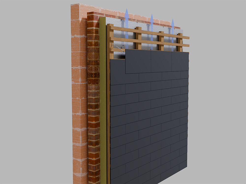 Façade ventilée avec isolation rigide et ardoises
