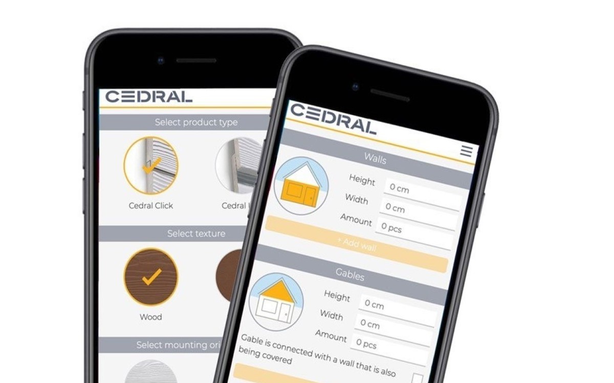 2 black iphones screens showing Cedral houses and sidings on a white screen